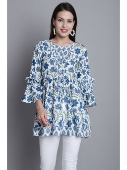Rajnandini - Womens Pure Cotton White & Blue Jaipuri Printed Top