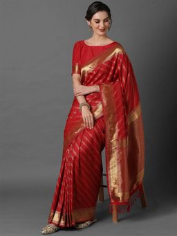Odette - Red Festive Silk Blend Woven Design Saree with Unstitched Blouse