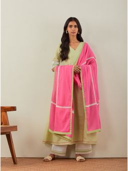The Indian Cause - Green Markab Anarkali Kurta With Border & Palazzo & Dupatta (Set of 3)