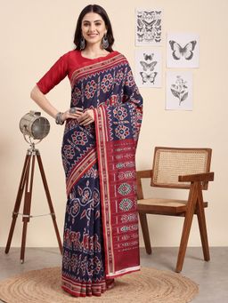 Akhilam - Womens Art Silk Blue Printed Saree