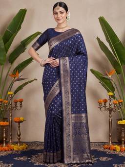Akhilam - Womens Silk Blend Navy Blue Handloom Saree