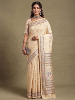 Akhilam - Womens Art Silk Beige Printed Saree