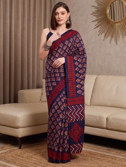Akhilam - Womens Art Silk Navy Blue Printed Saree