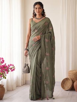 Akhilam - Womens Silk Olive Embroidered Saree