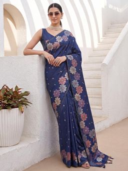Akhilam - Womens Silk Blend Navy Blue Handloom Saree