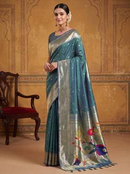 Akhilam - Womens Silk Blend Teal Handloom Saree