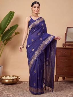 Akhilam - Womens Silk Navy Blue Handloom Saree