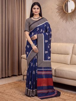 Akhilam - Womens Art Silk Blue Printed Saree