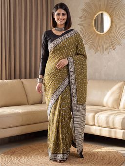 Akhilam - Womens Art Silk Olive Printed Saree