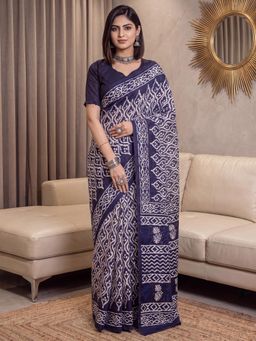 Akhilam - Womens Art Silk Navy Blue Printed Saree