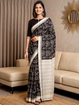 Akhilam - Womens Art Silk Black Printed Saree
