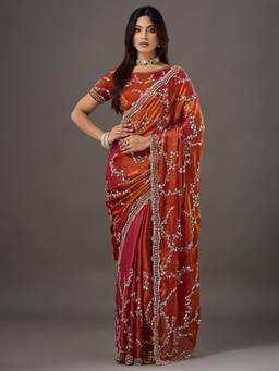 Akhilam - Womens Satin Rust Embroidered Saree