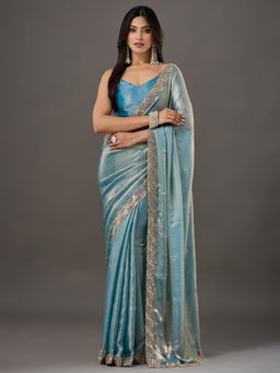 Akhilam - Womens Satin Blue Embroidered Saree