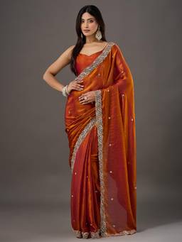 Akhilam - Womens Satin Orange Embroidered Saree