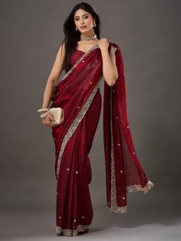 Akhilam - Womens Satin Maroon Embroidered Saree