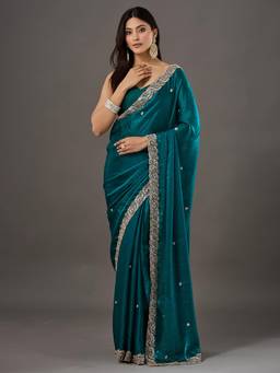 Akhilam - Womens Satin Green Embroidered Saree