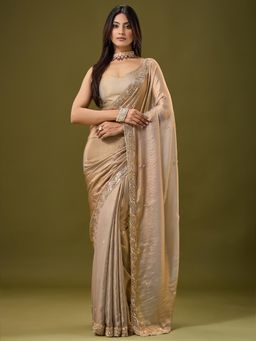 Akhilam - Womens Satin Rose Gold Embroidered Saree
