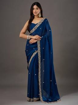Akhilam - Womens Satin Teal Embellished Saree