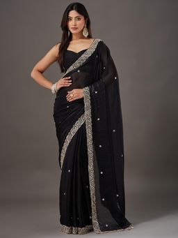 Akhilam - Womens Satin Black Embellished Saree