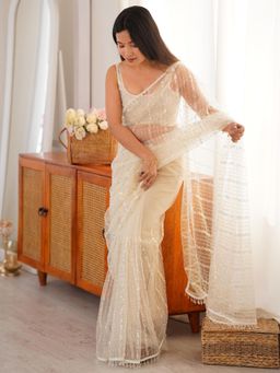 Akhilam - Womens Net Off White Embroidered Saree