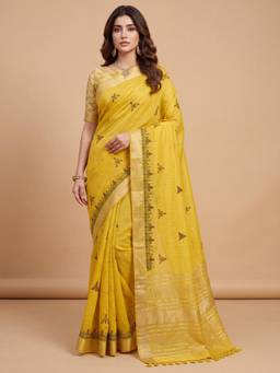 Akhilam - Womens Cotton Linen Yellow Embroidered Saree