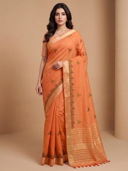 Akhilam - Womens Cotton Linen Orange Embroidered Saree
