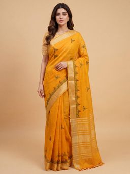 Akhilam - Womens Cotton Linen Mustard Embroidered Saree