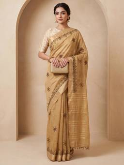 Akhilam - Womens Cotton Linen Beige Embroidered Saree