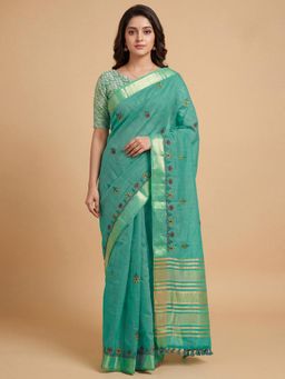 Akhilam - Womens Cotton Linen Blue Embroidered Saree