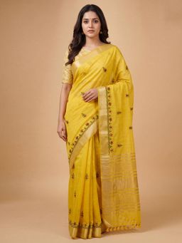 Akhilam - Womens Cotton Linen Yellow Embroidered Saree
