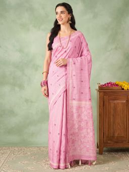 Akhilam - Womens Silk Blend Pink Embroidered Saree