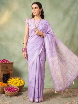 Akhilam - Womens Silk Blend Lavender Embroidered Saree