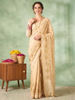 Akhilam - Womens Silk Blend Beige Embroidered Saree