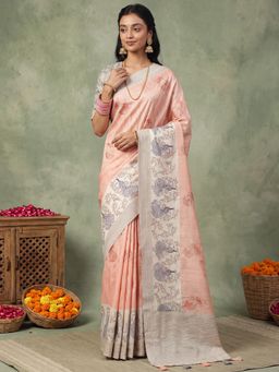 Akhilam - Womens Silk Blend Peach Embroidered Saree