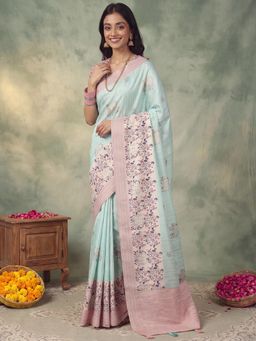 Akhilam - Womens Silk Blend Turquoise Embroidered Saree