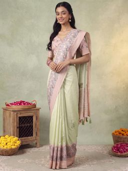 Akhilam - Womens Silk Blend Green Embroidered Saree