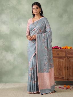 Akhilam - Womens Silk Blend Blue Printed Saree