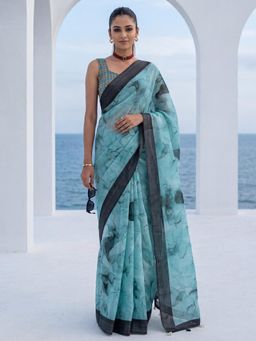Akhilam - Womens Linen Blue Printed Saree
