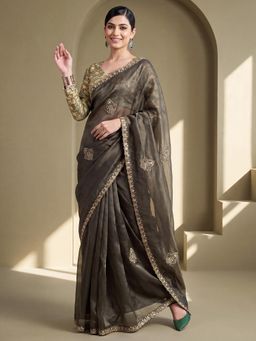 Akhilam - Womens Tissue Olive Embroidered Saree