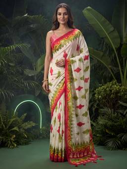 Akhilam - Womens Georgette Off White Printed Saree