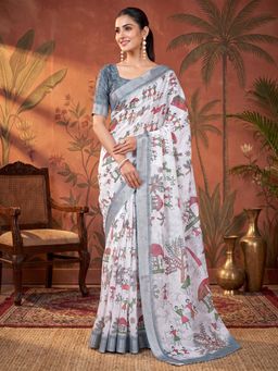 Akhilam - Womens Cotton Linen White Printed Saree
