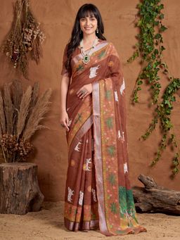 Akhilam - Womens Cotton Linen Brown Printed Saree