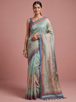 Akhilam - Womens Cotton Silk Green Printed Saree