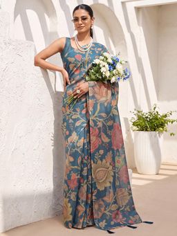 Akhilam - Womens Cotton Silk Blue Printed Saree