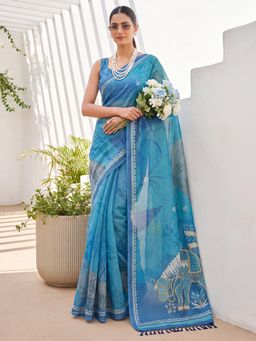 Akhilam - Womens Cotton Silk Blue Printed Saree