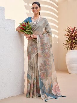 Akhilam - Womens Cotton Silk Cream Printed Saree