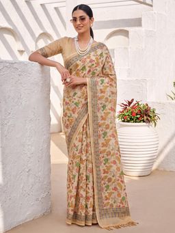 Akhilam - Womens Cotton Silk Beige Printed Saree