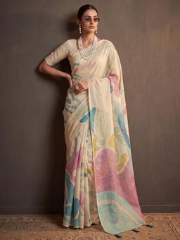 Akhilam - Womens Cotton Silk Beige Printed Saree