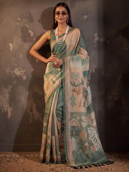 Akhilam - Womens Cotton Silk Green Printed Saree