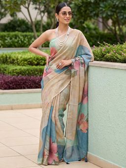 Akhilam - Womens Cotton Silk Beige Printed Saree